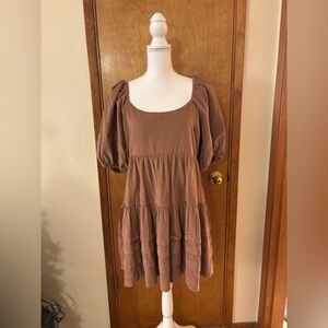 American Eagle Blush Pink Puff Sleeve  Corduroy Cotton Tiered Mini Dress